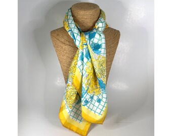 Vera Neumann Yellow Turquoise Floral Square Scarf 1960s Mid Century Vintage