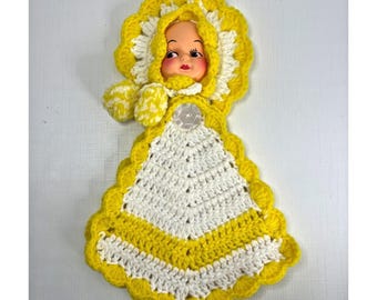 * antique doll ❀ ストローハットと三つ編み ミニョネットgirl Vintage Handmade Crochet Doll Face Pot Holder Yellow Kitch Retro