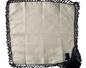 Linen Black Lace Mourning Handkerchief Crochet Edge Cottage Core Ruffle Vintage