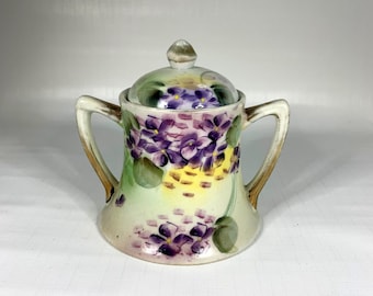 Nippon Purple Violet Sugar Bowl Hand Painted Floral Vtg Victorian Antique Lid 5"