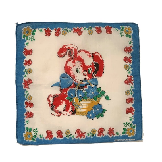 Childs Red Puppy Dog Handkerchief Blue Flowers Bas