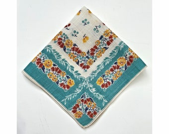 Linen Floral Border Handkerchief Blue Yellow Red Cottage Core Granny Vintage