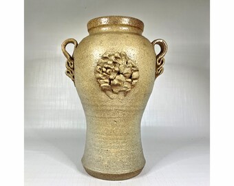 Vintage Art Pottery Vase Oatmeal Brown Glaze Speckle Hand Thrown Neutral Signed READ Rustic Lodge Cabin Floral