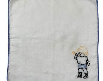Vintage Childs Embroidered Handkerchief 1940s Cottage Core Music Cotton