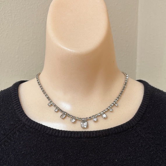 1950s Clear Rhinestone Choker Necklace Emerald Cu… - image 1
