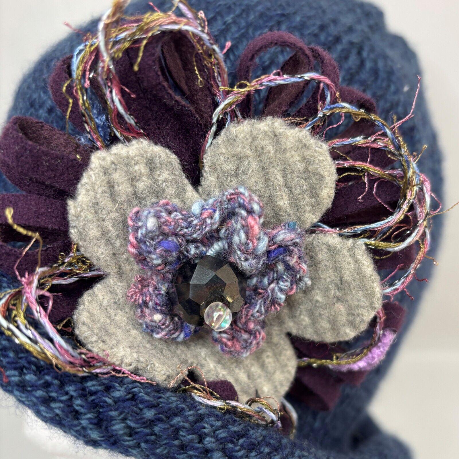 Denim Blue Knit Winter Cloche Hat Embellished Rolled Brim  display picture 1