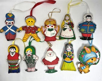 Vintage 1970s Soft Sculpture Stuffed Christmas Ornaments Cut Sew Calico Doll