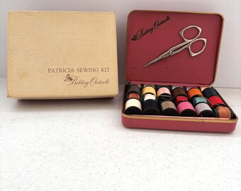 Vintage 50s Belding Corticelli Sewing Kit Thread Wooden Spools Thimble Scissors