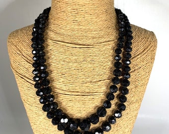 2 Strand Black Plastic Necklace Bead Made Hong Kong Cocktail Vintage Mid Century