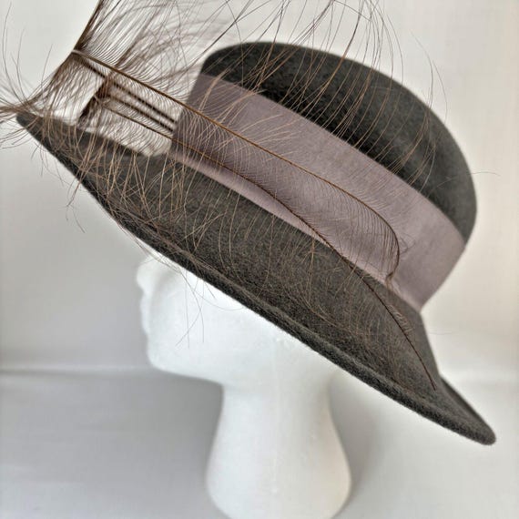 Georgi Gray Flet Fedora Hat Church Chic Feather Spectator 