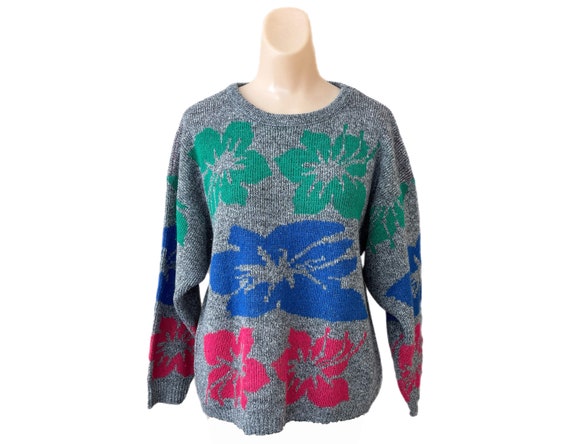 Kate Collins Medium Floral Sweater Made USA 1990s Gray Grey Blue 