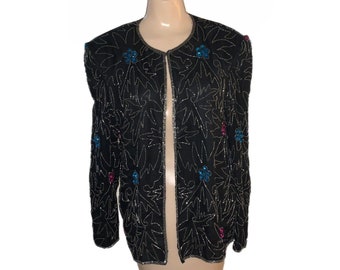 Giacca aperta con paillettes in seta e perline Vintage anni '80 e '90 Boho Retro Cocktail Blazer Small