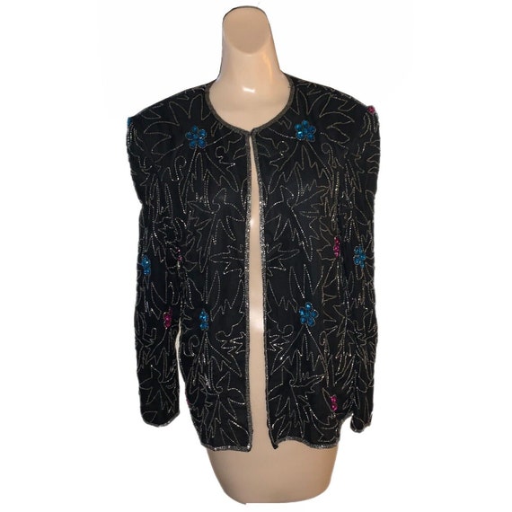 Silk Beaded Sequin Open Jacket Vintage 80s 90s Bo… - image 1