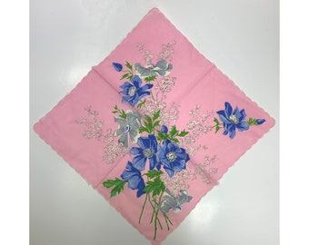 Vintage Pink Blue Floral Daisy Handkerchief Hankie Hand Scalloped Edge Scarf