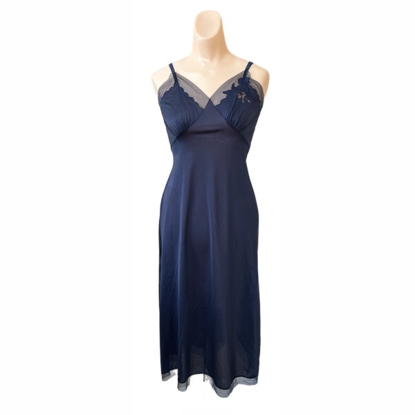Seamprufe 32 Tall Slip Nightgown Bias Cut Navy Blue 1940s Nylon Vintage