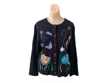 Berek2 Takako Size Small Vintage Beaded Embroidered Black Cotton Knit Cardigan