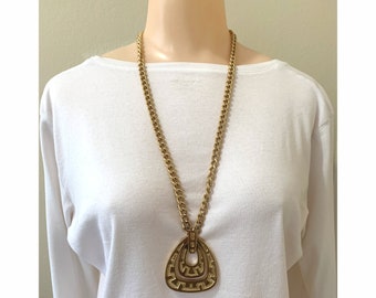 Statement Monet Textured Polished Gold Tone Greek Key Pendant Necklace Signed