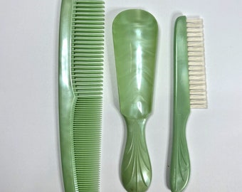1970s Crayonne Pearlized Comb Set Green Plastic Made England Shoehorn Brush