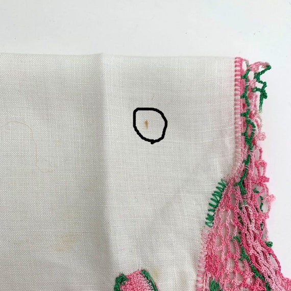 White Linen Crochet Lace Handkerchief Hanky Pink … - image 2