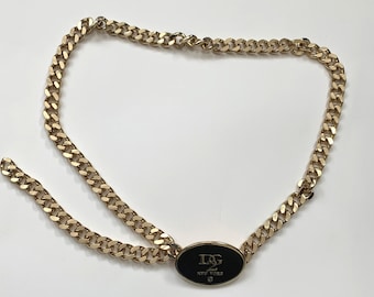 Vintage Gold Tone DG2 New York Heavy Chain Detailed Black Belt