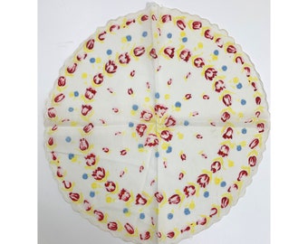 Vintage Round Red Tulip Floral Victorian Hankie Handkerchief Pocket Dresser Scarf