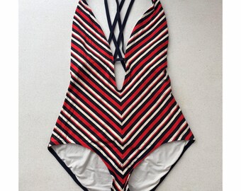 Tommy Hilfiger Y2K Womens One Piece Swimsuit Size 10 Deep V Americana Stripe