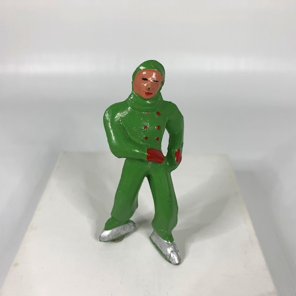 Barclay Lead Man Ice Skates Small Toy Figure Green Red Mittens 1950s Vintage