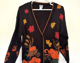 Womens Vintage Pumpkin Cardigan Sweater Medium 90s Fall Novelty Preppy Teacher