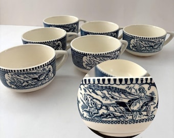 Currier Ives Teacups Vintage 1950s Old Grist Mill Horse Buggy Coffee Set of 6