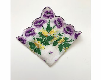 Vintage Purple Yellow Floral Cotton Handkerchief Hankie Scalloped Border