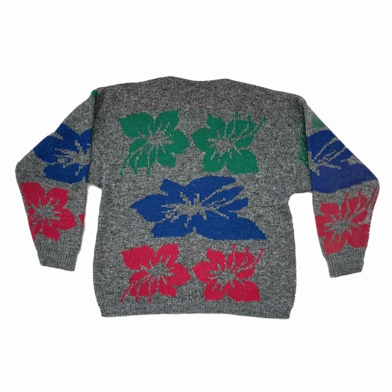 Kate Collins Medium Floral Sweater Made USA 1990s Gray Grey Blue 