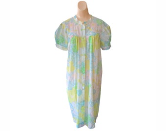 Vintage Komar Nightgown Lounge Housecoat Mod Blue Yellow Daisy Flower Large