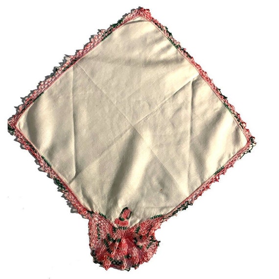 White Linen Crochet Lace Handkerchief Hanky Pink … - image 3