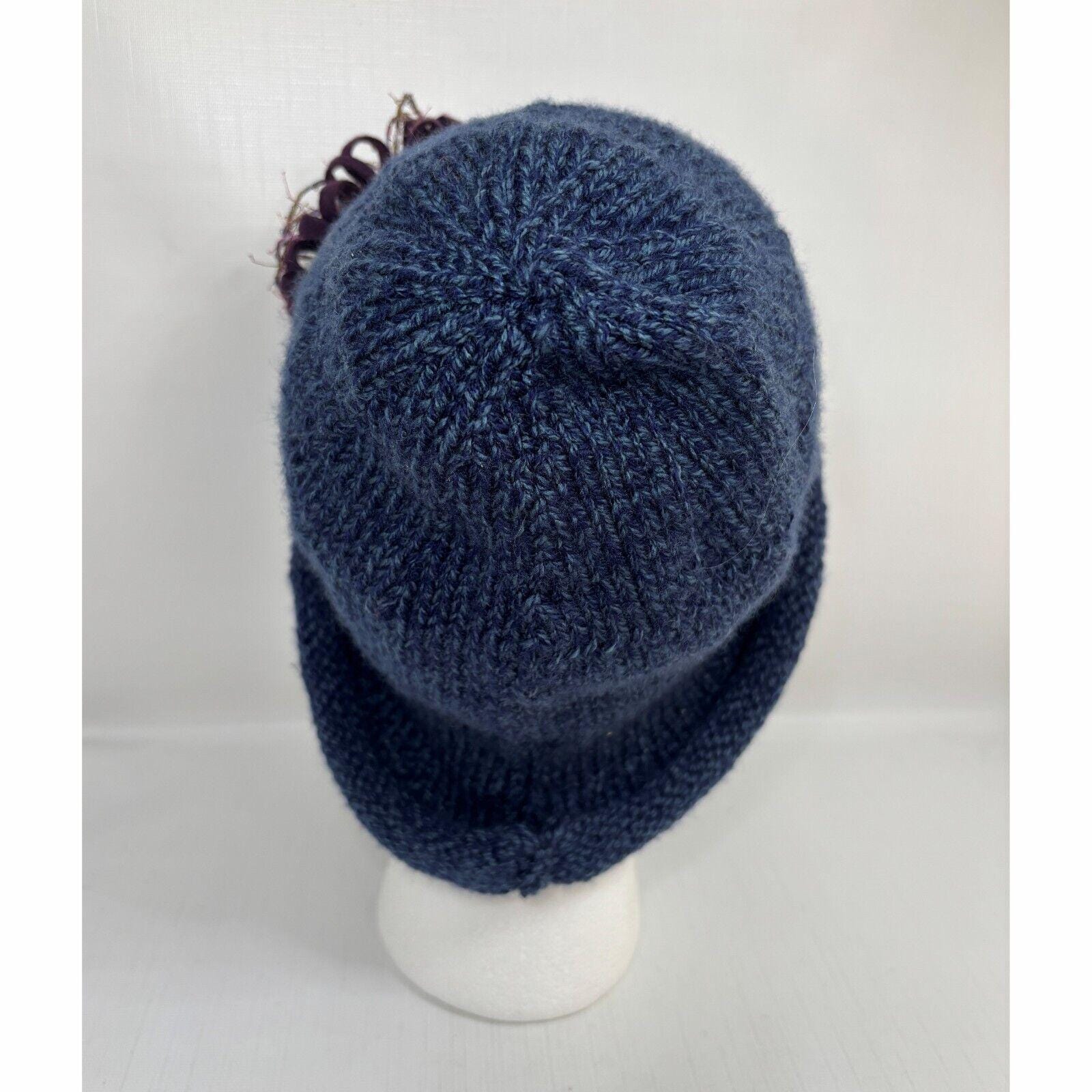 Denim Blue Knit Winter Cloche Hat Embellished Rolled Brim Boho Floral Handmade Denim Blue Knit Winter Cloche Hat Embellished Rolled Brim  main image 3