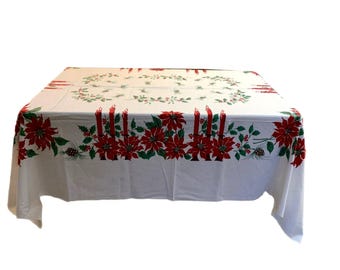 Vintage Holiday Tablecloth Christmas Candles Poinsettia Cotton Pinecones Holly