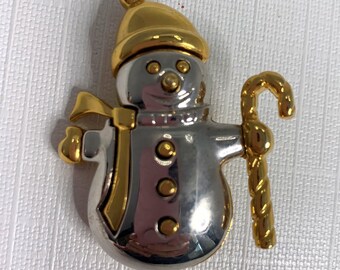 Gesigneerde Allison Reed Snowman Broche Zilver Goud Toon Candy Cane Pin Vintage