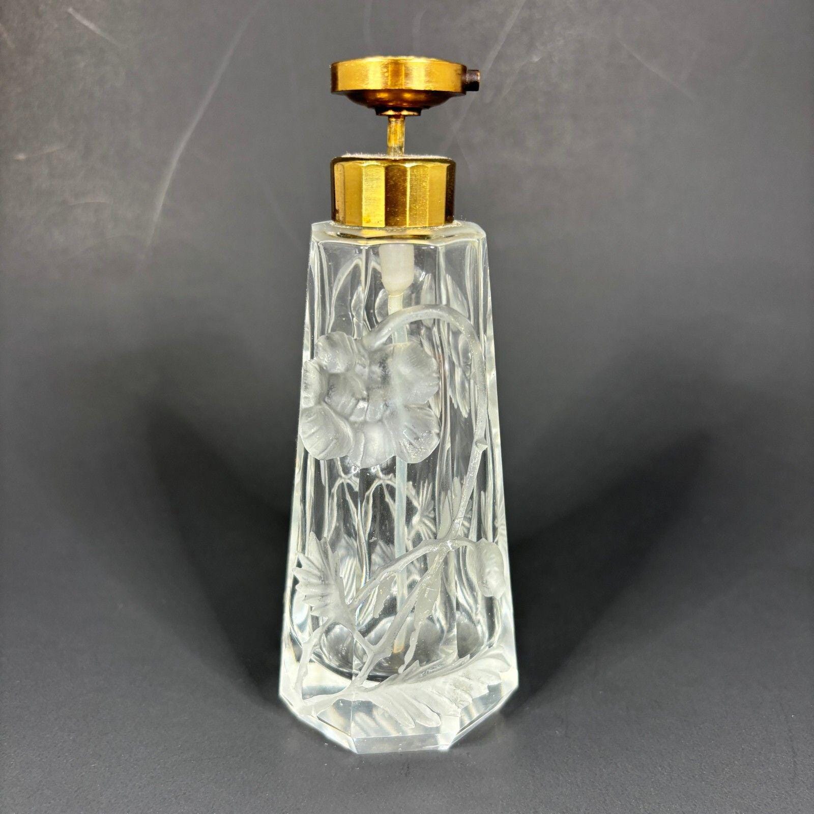 Moser Atomizer Perfume Bottle Intaglio Cut Floral Clear Glass