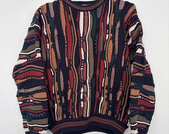 Vintage Mens Y2K 3D Knit Sweater Large Granola Earthy Retro Colorful 90s