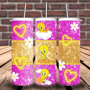 Vaso rosa Tweety de 20 oz, vaso flaco de 20 oz, envoltura de vaso de dibujos animados, envoltura de vaso completo, vaso png