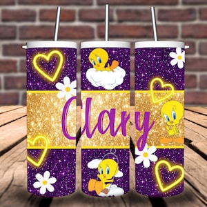 Envoltorio para vaso con purpurina personalizado de Tweety Bird para vaso recto delgado de 20 oz, listo para sublimación, envoltorio para vaso con dibujos animados, envoltorio para vaso completo