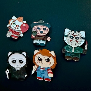 Horror Cat Enamel Pins – Choose Your Killer Kitty! Cute Scary Movie Pins, Chibi Slasher Cats, Halloween Gift, Spooky Kawaii Lapel Pin