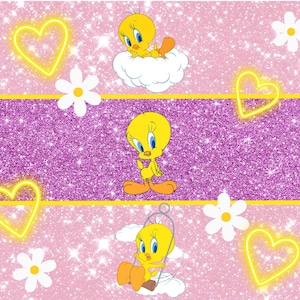 Vaso Tweety de 20 oz con purpurina rosa y violeta, vaso delgado de 20 oz, envoltorio de vaso de dibujos animados, envoltorio de vaso completo, vaso Png