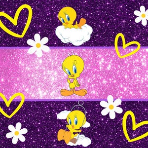 Vaso Tweety Bird de 20 oz con purpurina morada y rosa, vaso delgado de 20 oz, envoltorio de vaso de dibujos animados, envoltorio de vaso completo, vaso Png