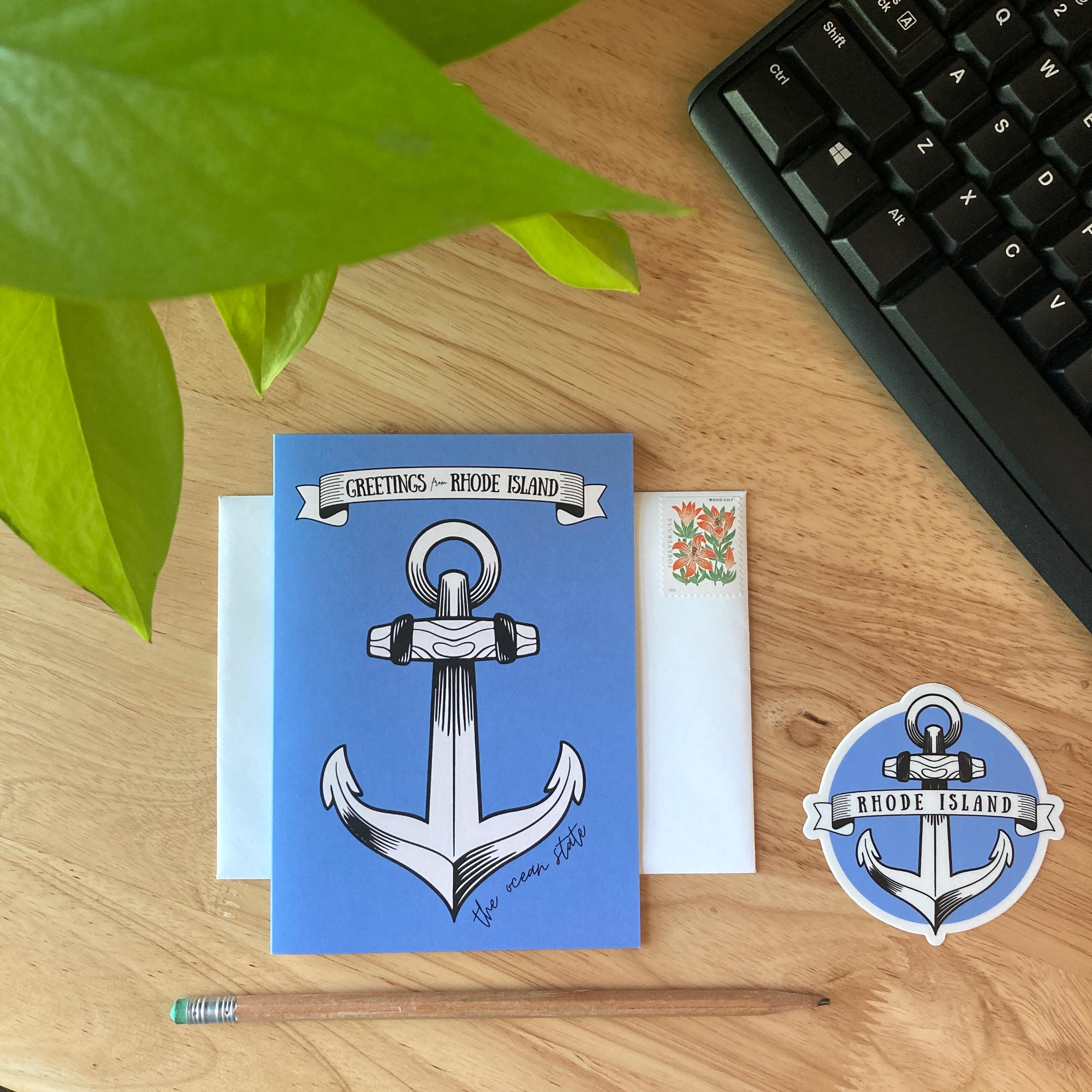 RHODE ISLAND CARDS | greetings from Rhode Island the ocean state, anchor postcard from R I, little rhody sticker, travel postcard souvenir