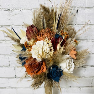OCTOBER LOVE: Boho/Rustic Terra Cotta/Burnt Orange/Navy/White Sola wood flowers with Repens, pampas, bunny tails/wheat/babies breath/ DIY