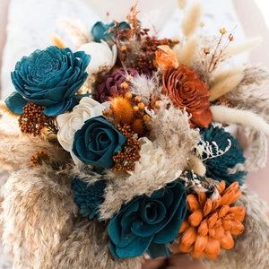 WINDY CITY: Rustic Boho /Terracotta/Burnt Orange/Navy/Ivory Sola wood flowers/Pampas/Bridal/ Bridesmaids/Bouquet/Vibrant/Flowers/ diy