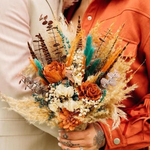 TOUCH OF TEAL: Rustic Boho /Burnt Orange/Teal/Ivory Sola wood flowers with pampas, babies' breath/Bridal/ Bridesmaids/Bouquet/Flowers/ diy