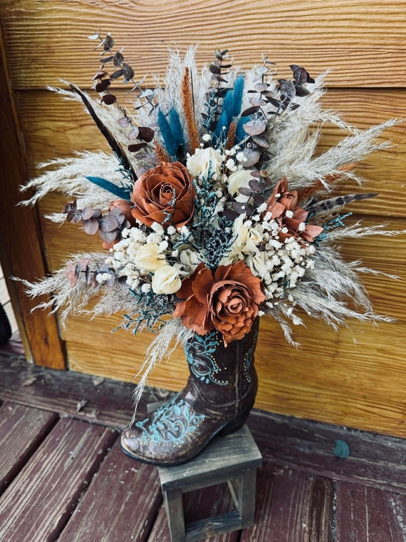 COWBOY BOOT PLANTER: Wood Flowers/ Planter/ Decor/ Brown/ Teal