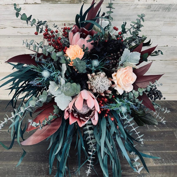 SACRED MYSTERIES : Bouquet/ greenery/ Eucalyptus/  Wood Flowers/ Wedding/ DIY/ Pink/ Protea/ Berries/ Black/ Peach/ Teal/ Hydrangeas
