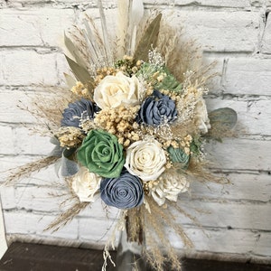 SAGE GLORY: Boho/Rustic Sage Green/Dusty Blue/Ivory Sola wood flowers with preserved eucalyptus, pampas, bunny tails and babies breath/ DIY